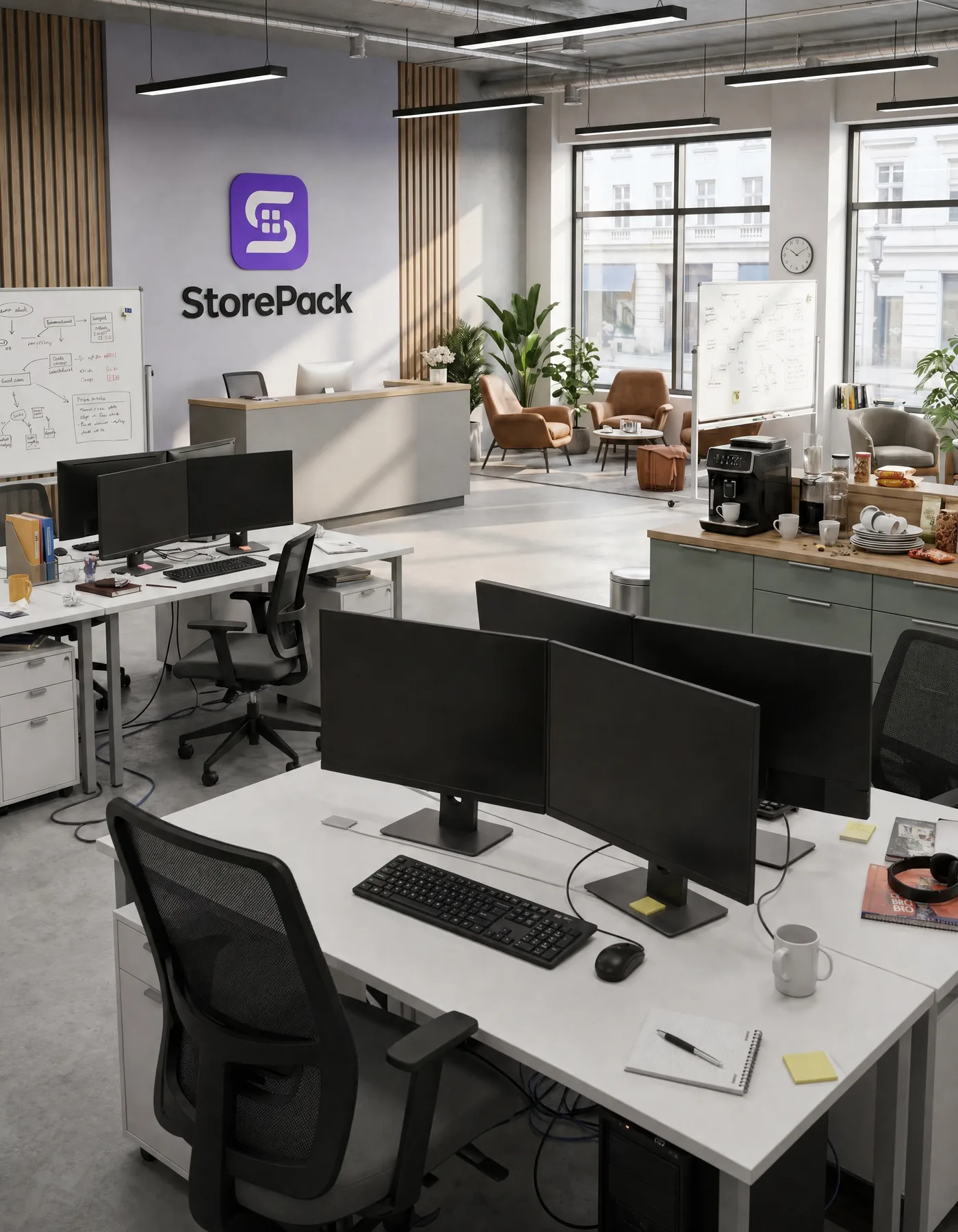 Inside the StorePack office \u2014 dual-monitor desks and a StorePack wordmark on the wall